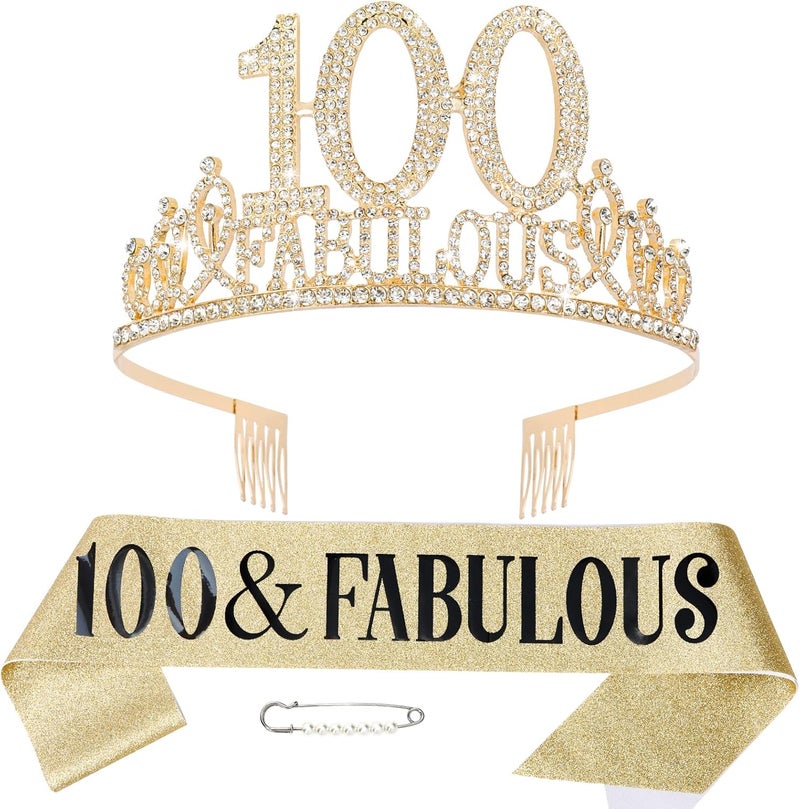 Hapdoo 100th Birthday Decorations for Women, 100th Birthday Sash & Tiara Set, Happy 100 Fabulous Decorations Crown for Women - Image 1